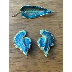 VTG Leaf Clip On Earrings & Brooch Set Gold Tone Blue Metallic Enamel 80s Glam